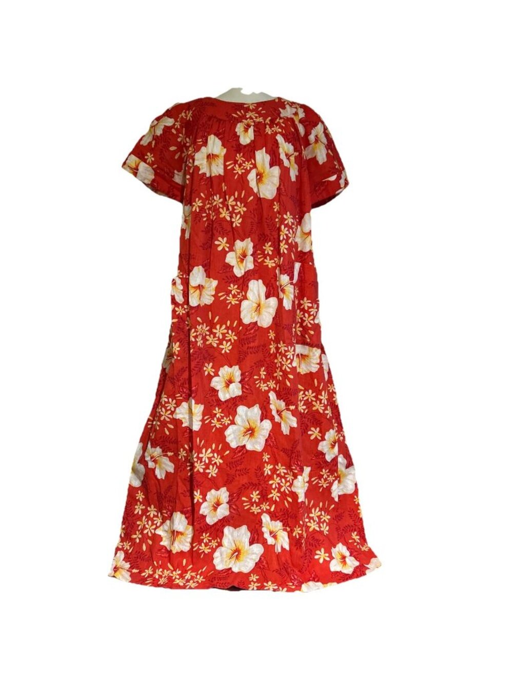Vtg Sears Housecoat Red Floral 60s 70s Maxi Dress Mod Pockets Muumuu Hawaiian S